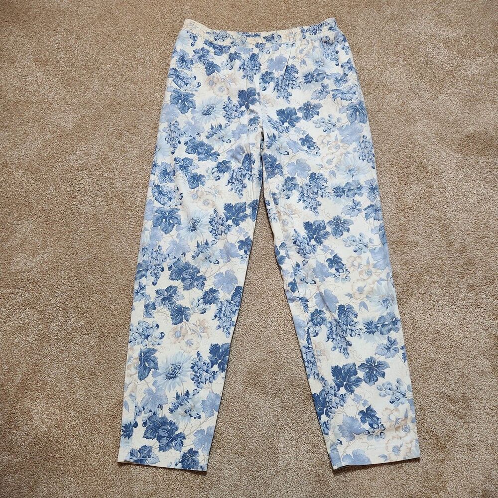 Vintage Orvis Pants Women 8 Blue Floral High Rise Elastic Waist Made In USA